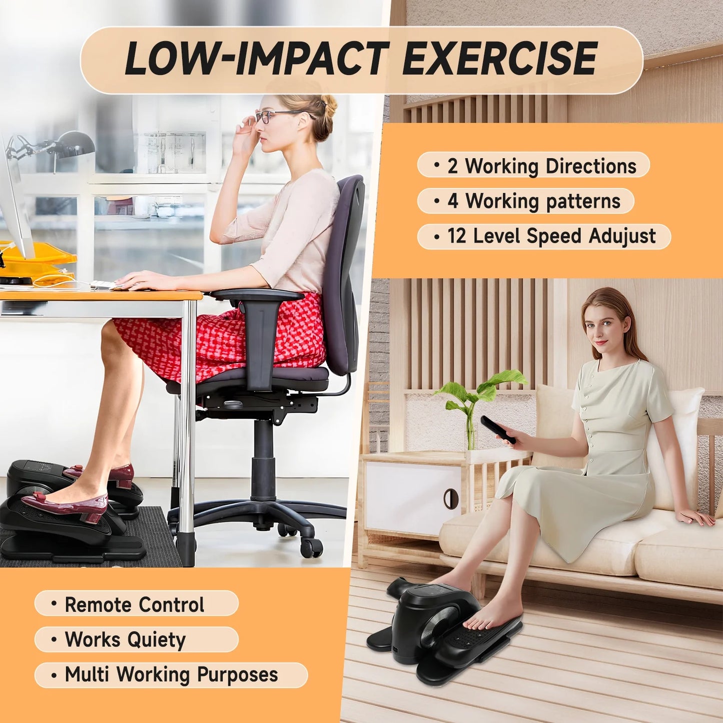 under Desk Elliptical Machine, 12 Adjustable Speeds Mini Ellipse Leg Exerciser with Remote Control, Forward & Backward Motion, Manual & Electric Dual Modes for Home Office