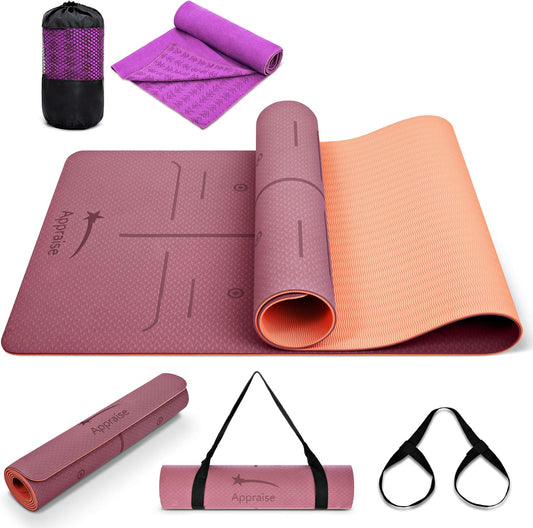 TPE Eco Friendly 1/4" Yoga Mat with Alignment Lines, Carrying Strap and BONUS Yoga Mat Towel, Perfect for Yoga, Pilates and Indoor/Outdoor Fitness