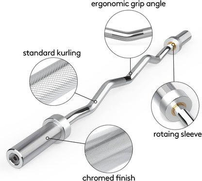 47" Olympic EZ Curl Barbell Bar for 2-Inch Weight Plates for Weight Lifting Bicep Curl, 2 Spring Collars Included (28MM Shaft Diameter)